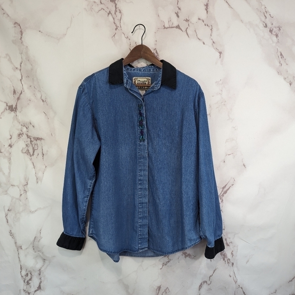 Vintage Wrangler Shirt Women XL 90s Button Embroidered Black Chambray Southwest - Picture 10 of 14